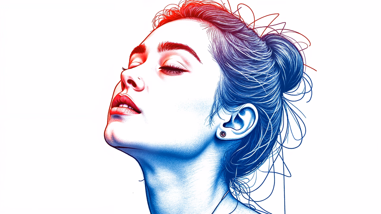 Boldly colored portrait of a serene woman, blending tranquility and intensity.