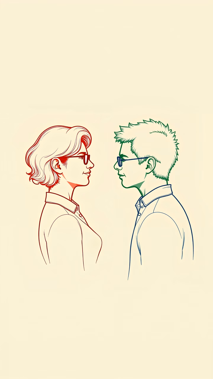 Contrasting profiles in red and green, minimalist illustration design.