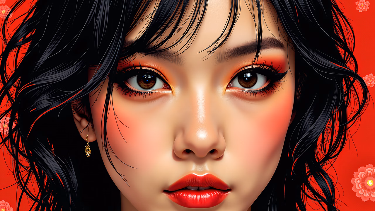 Vibrant red portrait illustration with detailed shading and bright highlights.