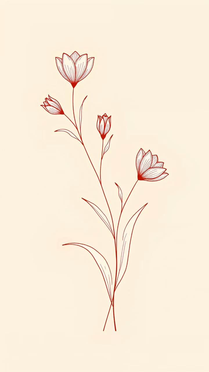 Minimalist red floral sketch on beige background