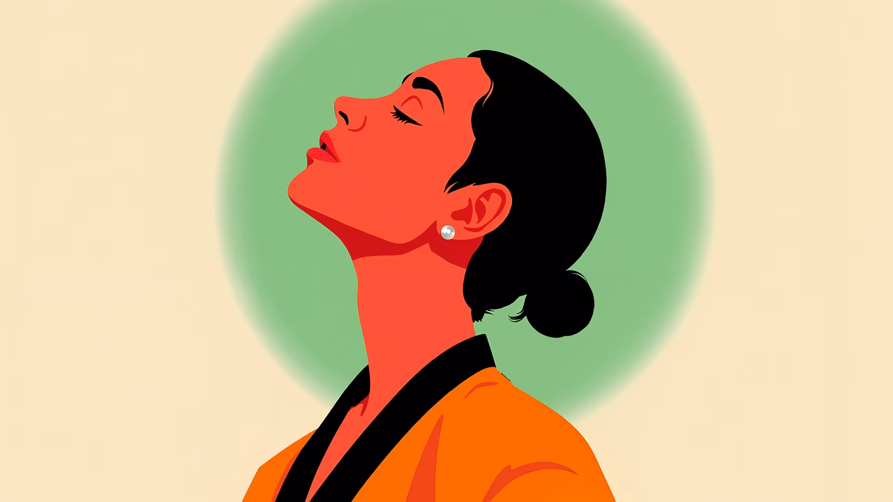 Bold red profile illustration with elegant simplicity and mystery.
