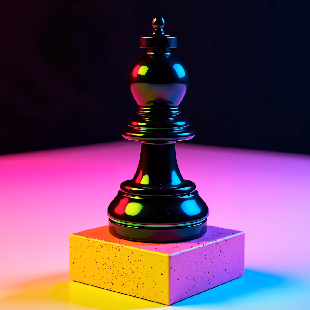 Reflective chess piece on colorful pedestal, modern art vibe.