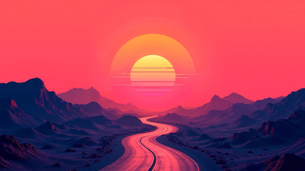 Minimalist road illustration under a vibrant sunset, evoking tranquility and anticipation.