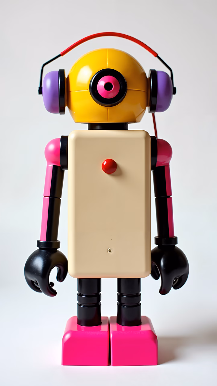 Vibrant robot toy with headphones on, standing against a white background.