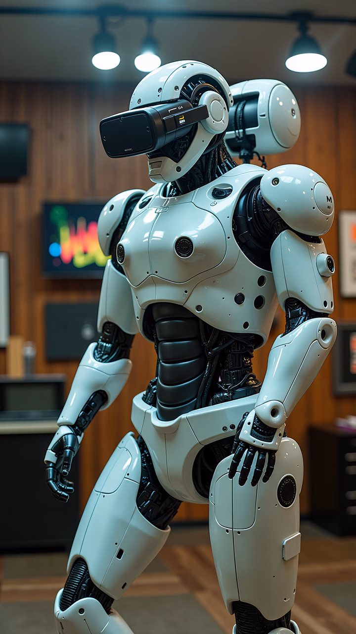 A futuristic robotic explorer in a modern office setting, showcasing advanced technology and exploration themes.