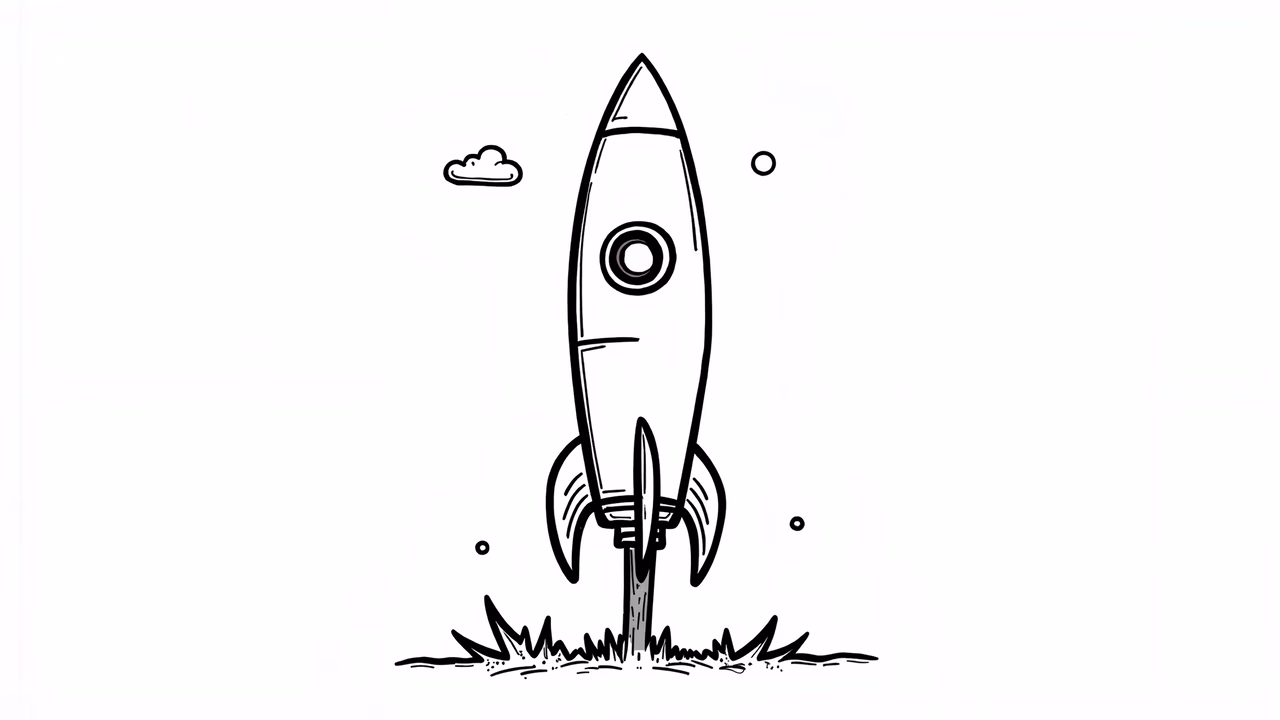 Minimalist black-and-white rocket launch illustration