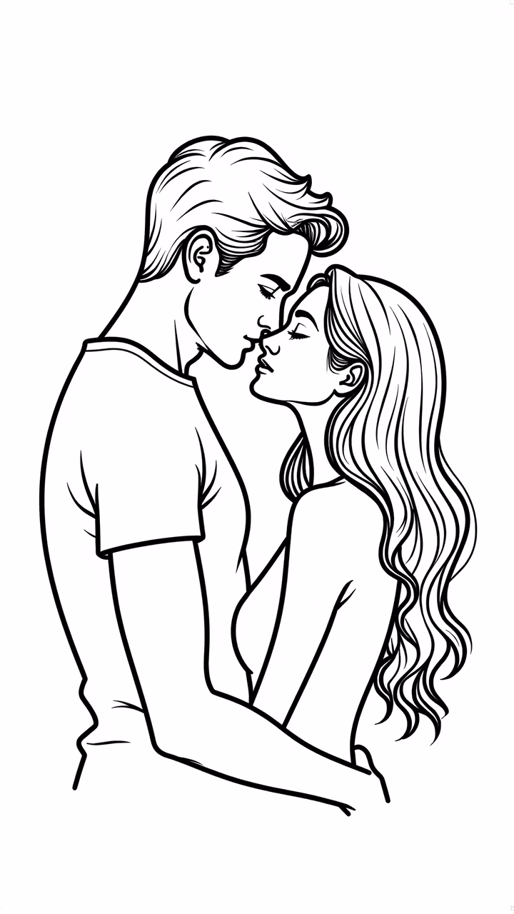 A tender black-and-white illustration of two people sharing a kiss, emphasizing intimacy and emotion.