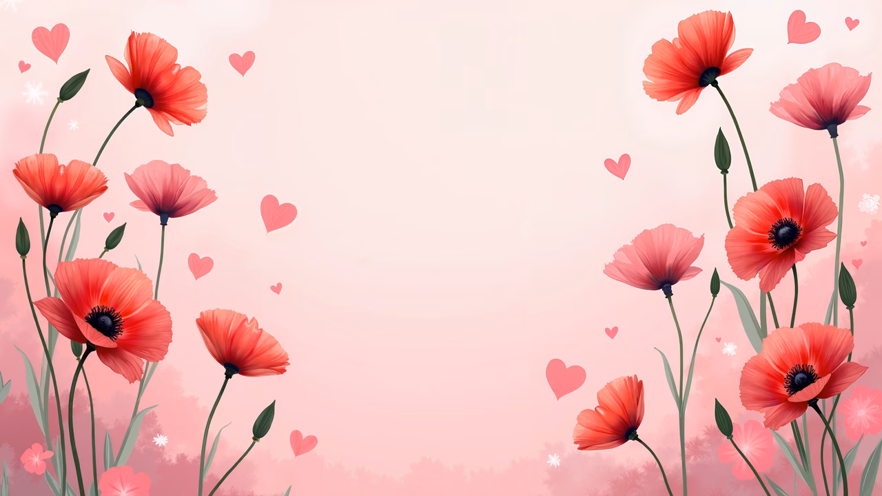 Romantic poppies and hearts on a soft pink background
