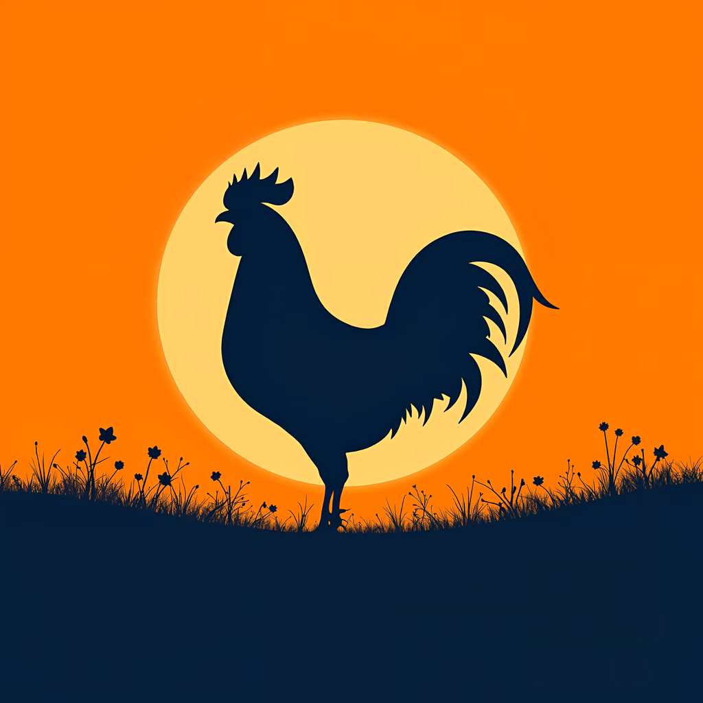 Silhouetted rooster against a colorful sunset sky, evoking tranquility and natural beauty.