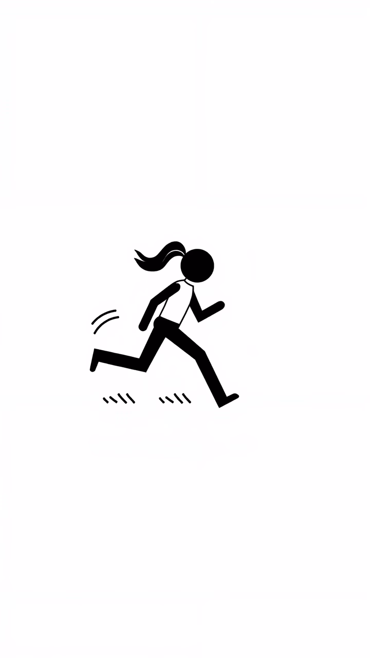 Minimalist stick figure running in black and white, emphasizing movement and simplicity.