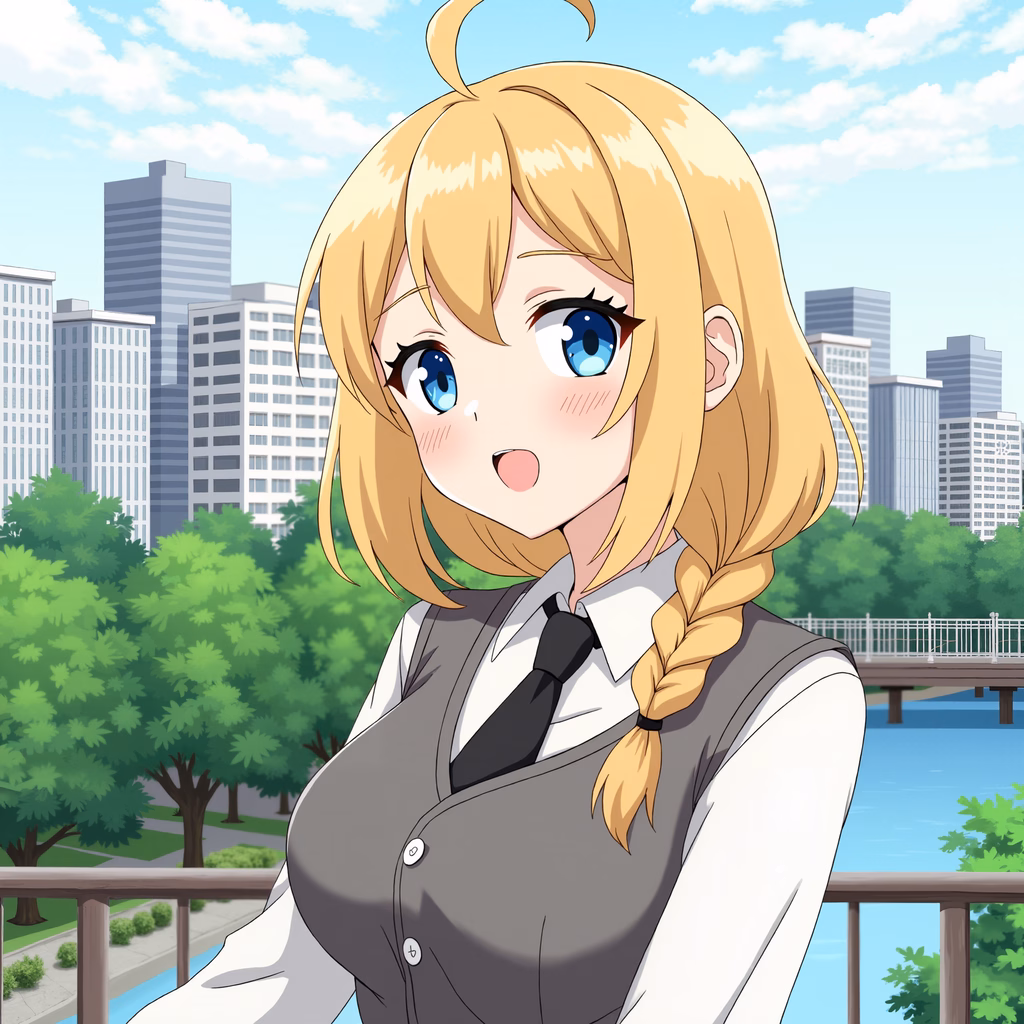 Surprised schoolgirl in a cityscape backdrop