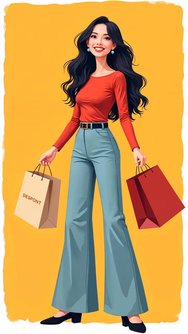 A stylish shopping girl in a red top and teal pants, holding colorful bags against a yellow backdrop.