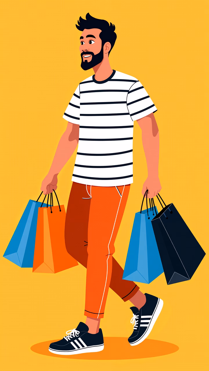 Casual shopper with colorful bags, vibrant yellow background.