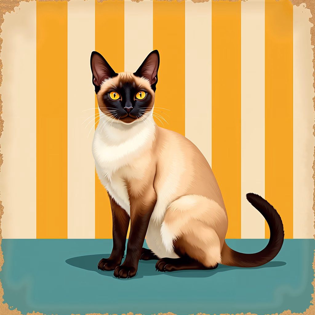 A detailed Siamese cat illustration with a warm striped background.