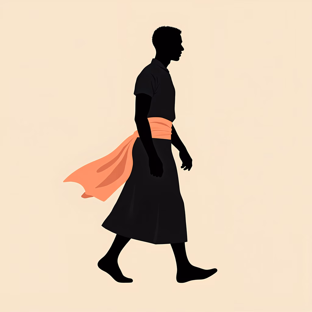 A silhouette of a man walking, wearing a dark shirt and an orange cloth, set against a neutral background.