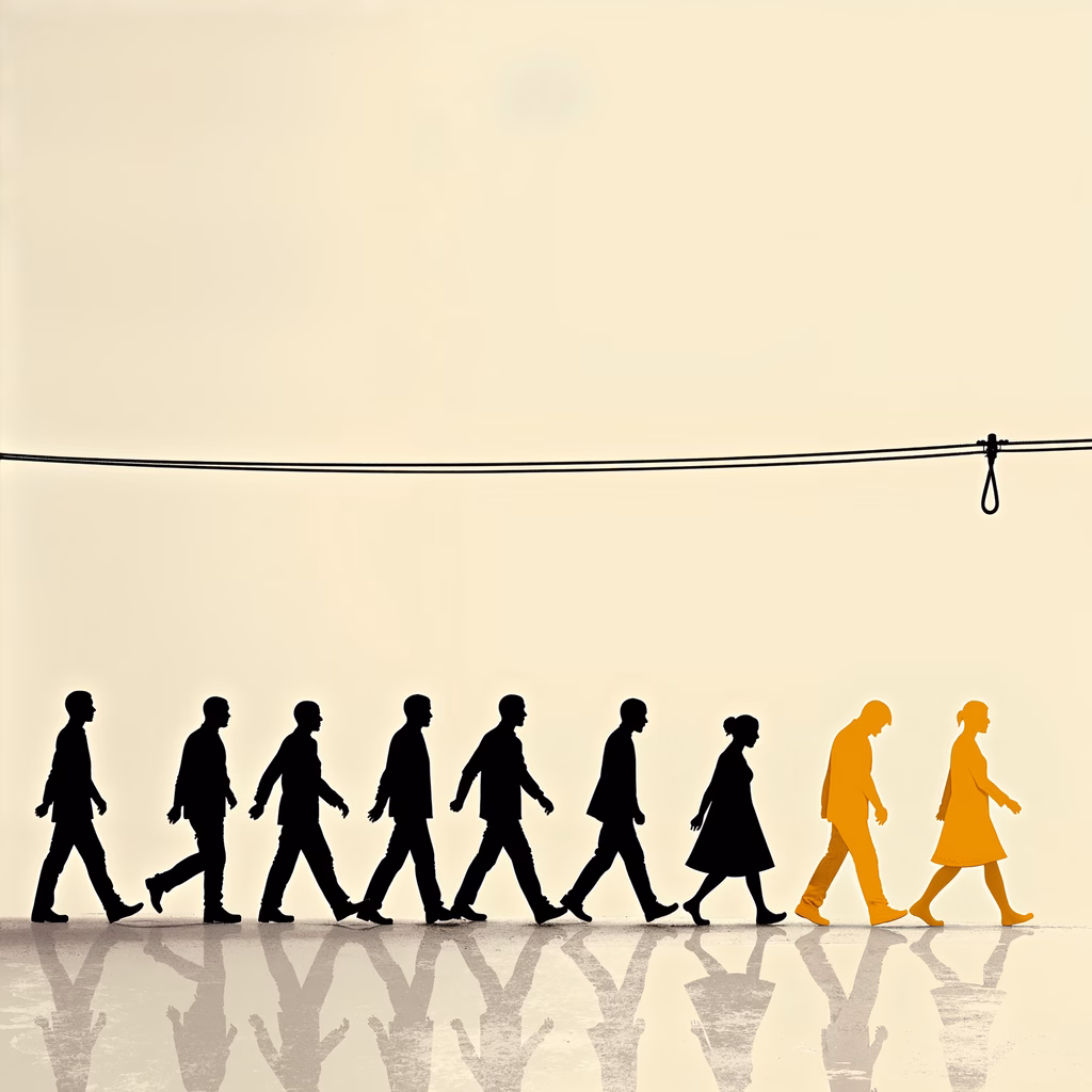 Silhouetted figures walking in a line, two highlighted by yellow, against a minimalist background.