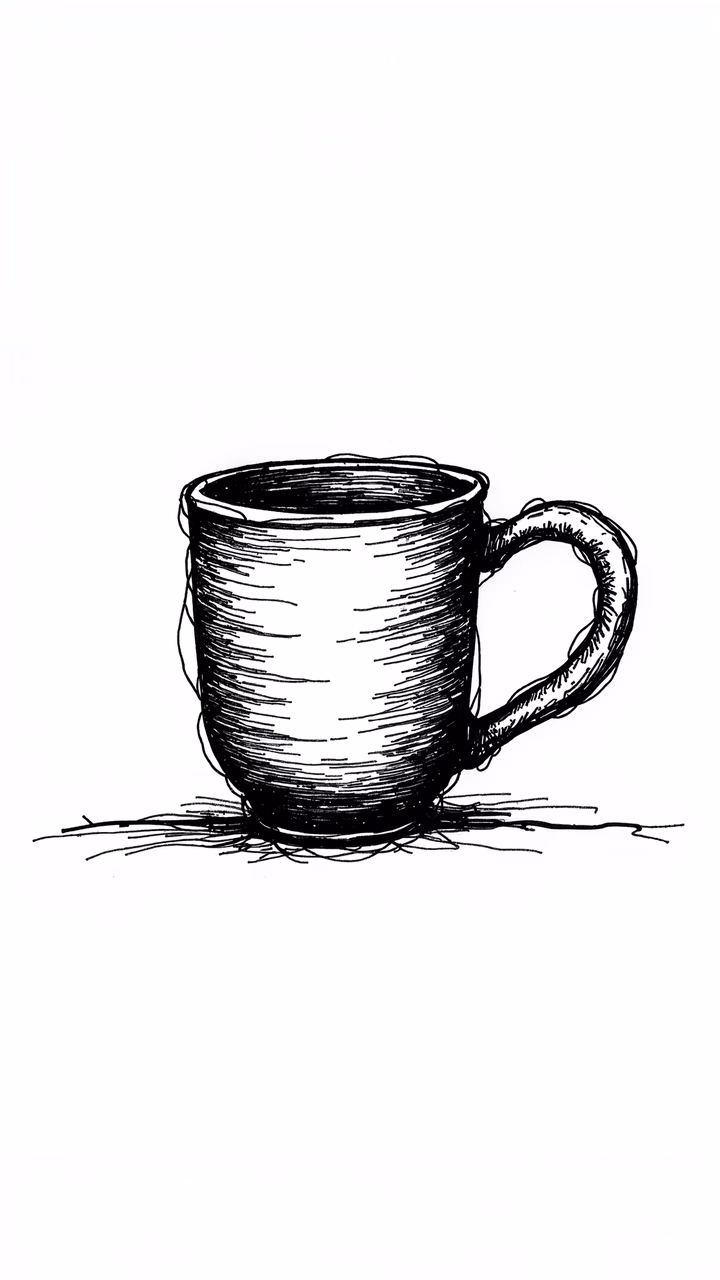 Minimalist black and white illustration of a ceramic mug with detailed shading.