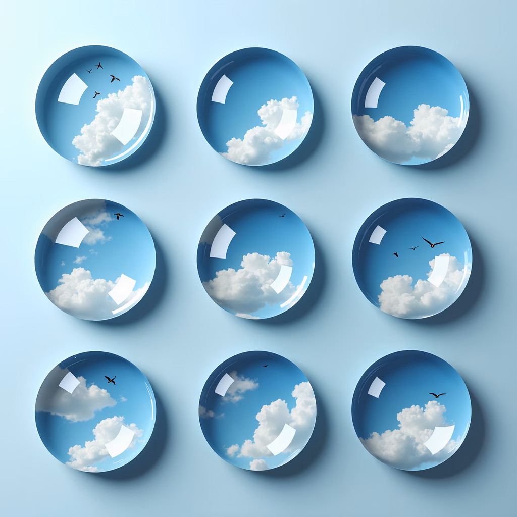 Nine spherical reflections capturing serene sky scenes on a soft blue background.