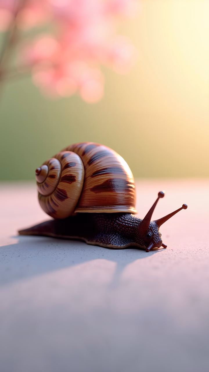 Close-up of a snail against a soft, colorful backdrop at dawn.