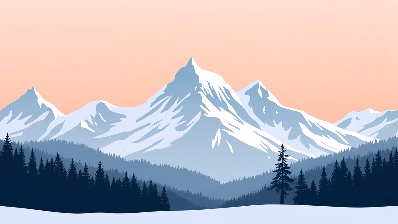 A peaceful winter scene with snow-capped mountains and evergreen trees.