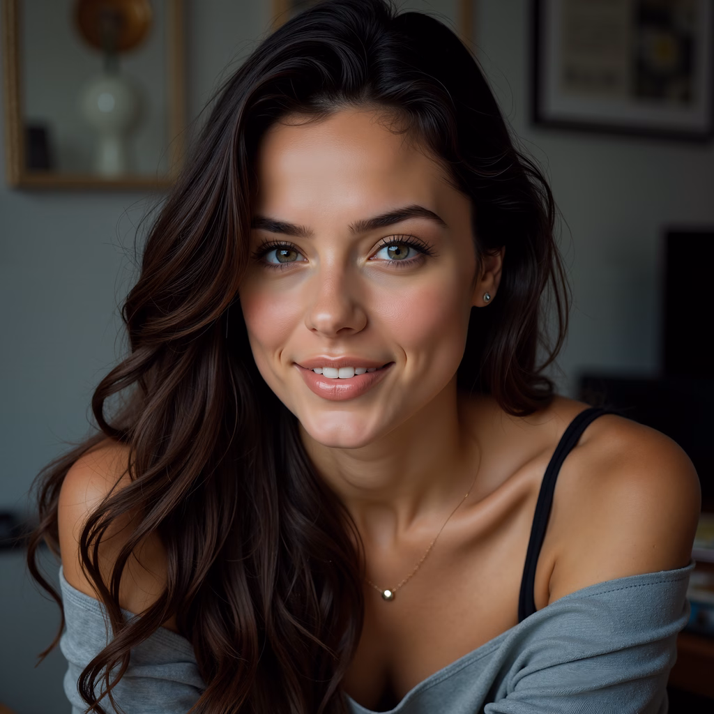 Close-up portrait of a smiling individual with warm lighting and natural beauty.