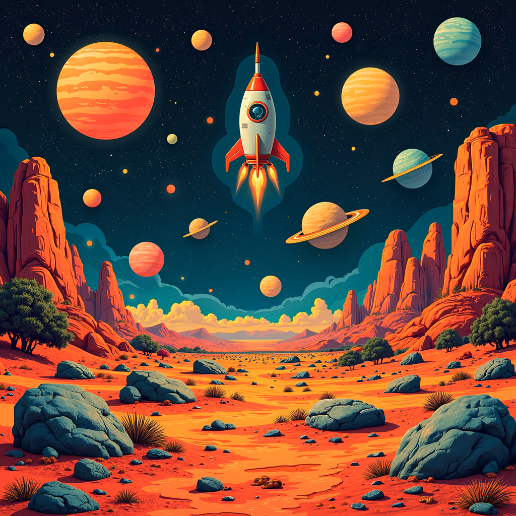A rocket ship soars through a colorful space desert, blending science fiction with fantasy.