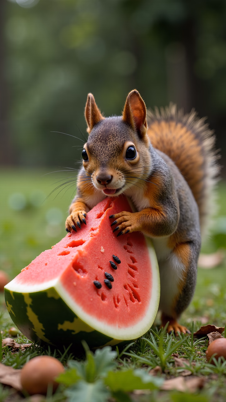 Curious squirrel enjoys a juicy watermelon slice in a vibrant outdoor setting.