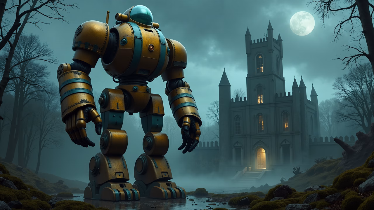 Steampunk robot in a misty Gothic castle under a full moon.