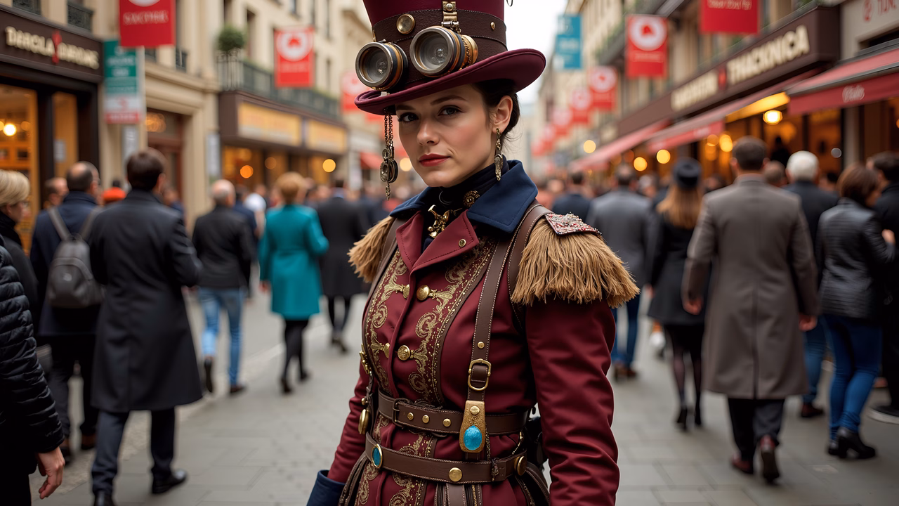 Steampunk fashion in a lively city setting.