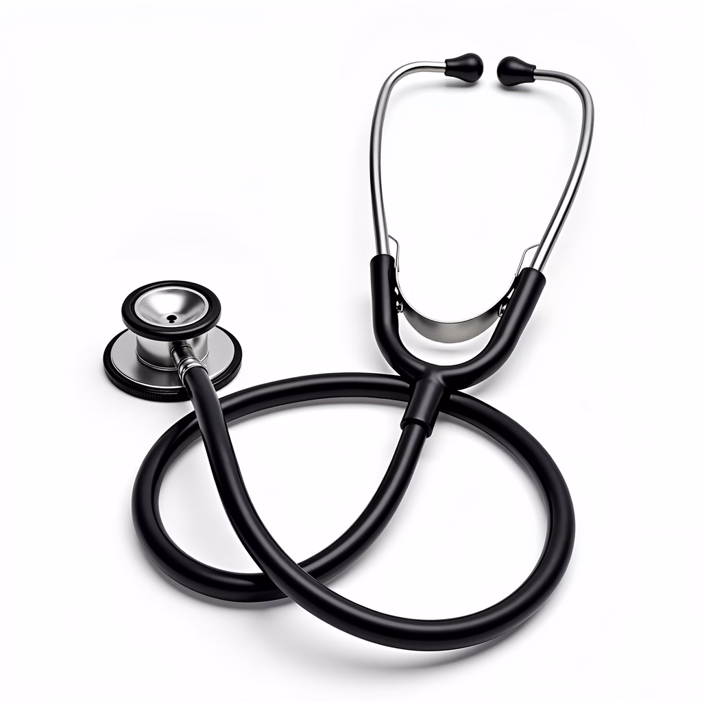 Illustration of a classic black stethoscope on a white background.