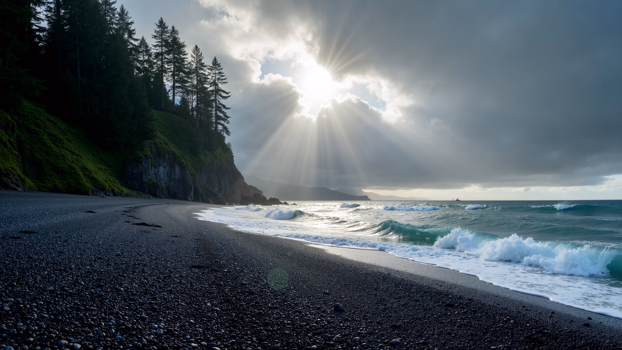Golden sunlight filters through clouds over a pebbled beach and turquoise ocean.