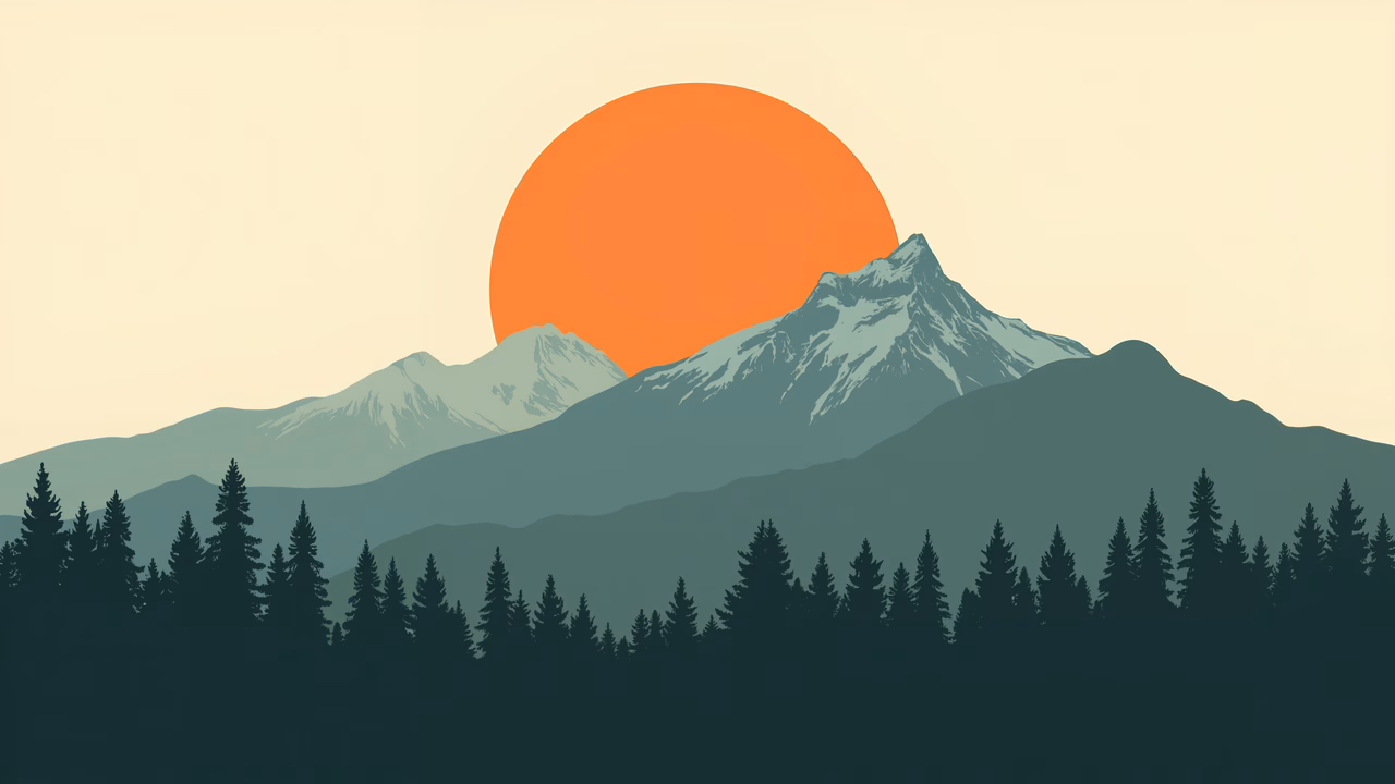 A tranquil sunset over mountain silhouettes and a forest.