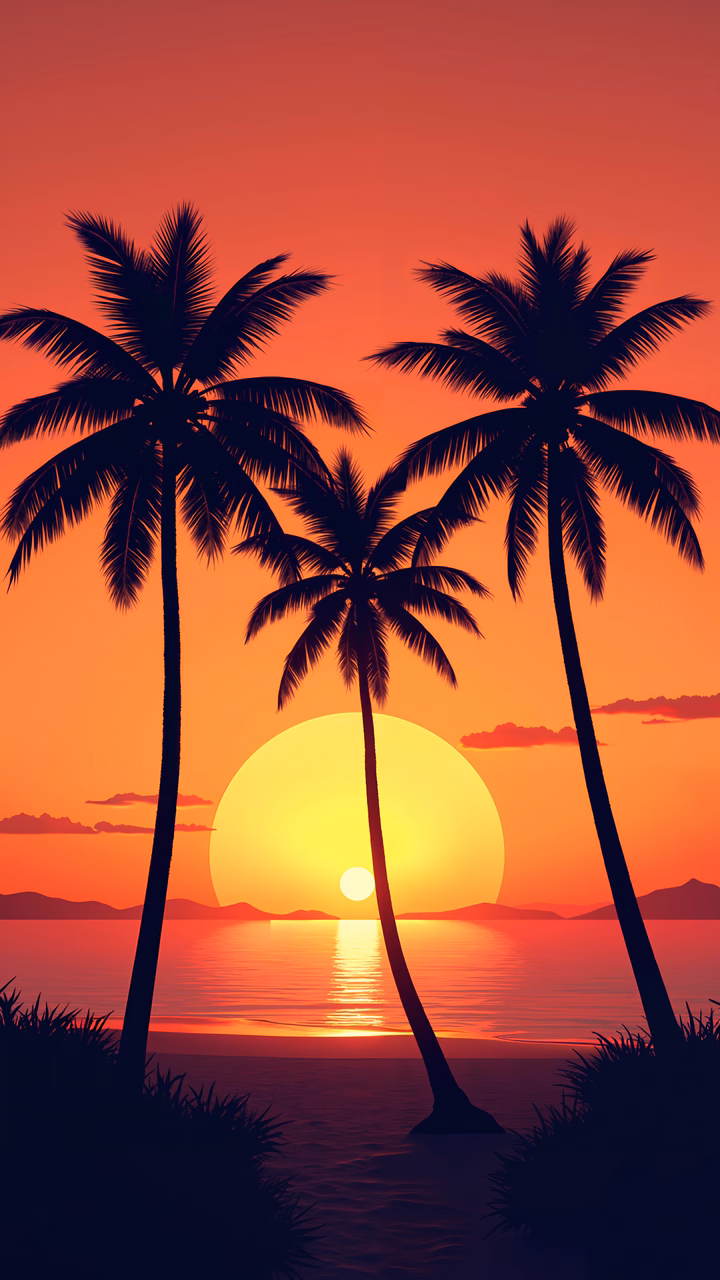 A tranquil sunset scene with palm trees and a warm orange sky.