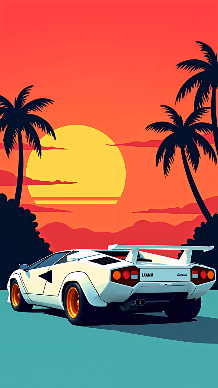 Classic sports car under a dramatic sunset, palm trees silhouette, nostalgic road trip vibes.