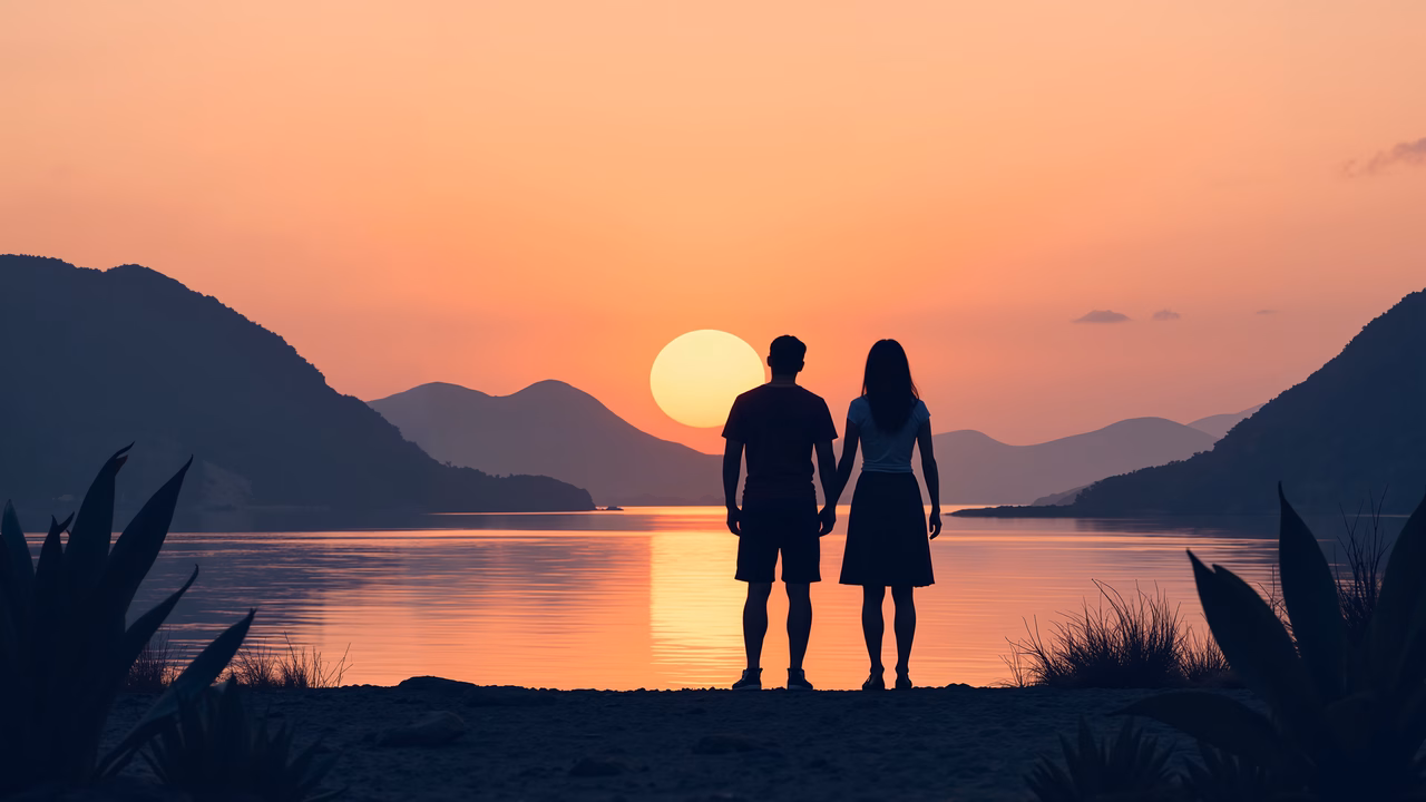 Romantic couple enjoying a peaceful sunset by the sea.