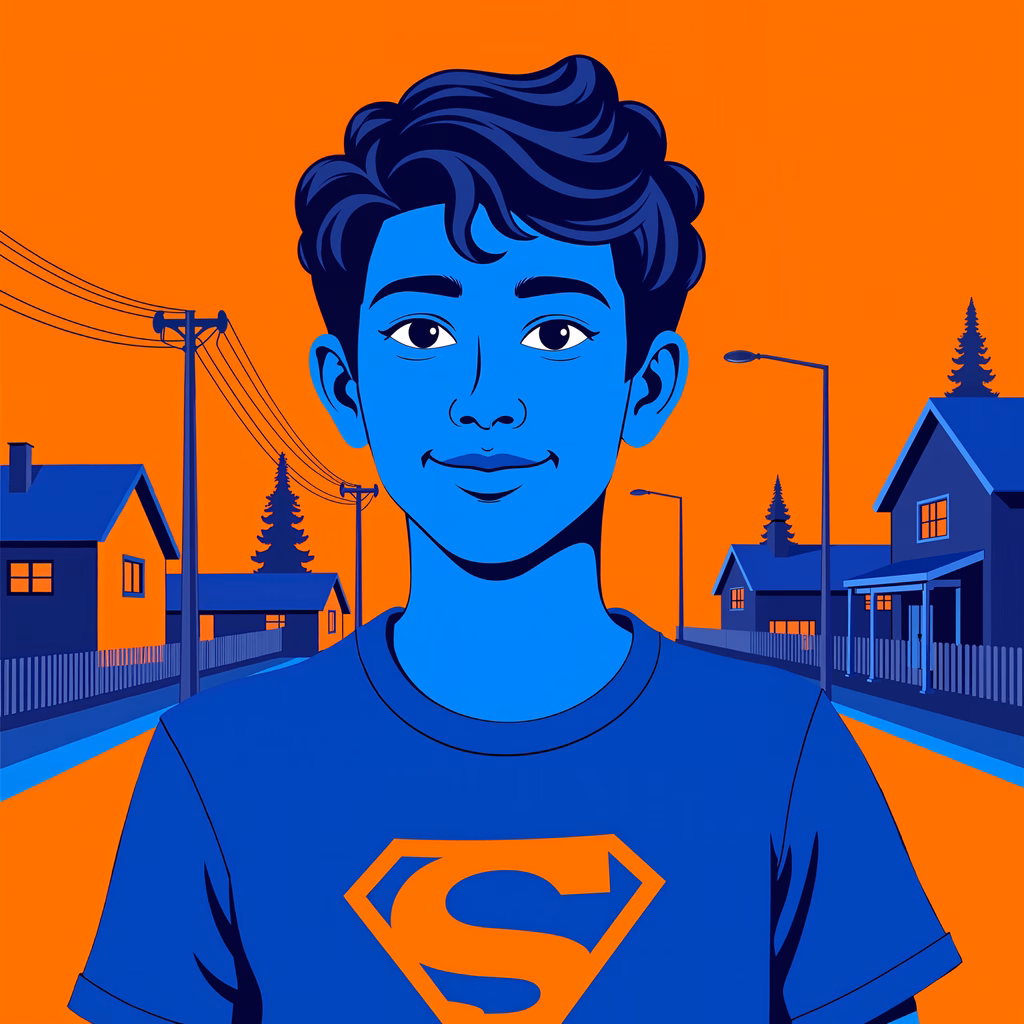 Bold superhero portrait with vibrant colors and suburban setting.