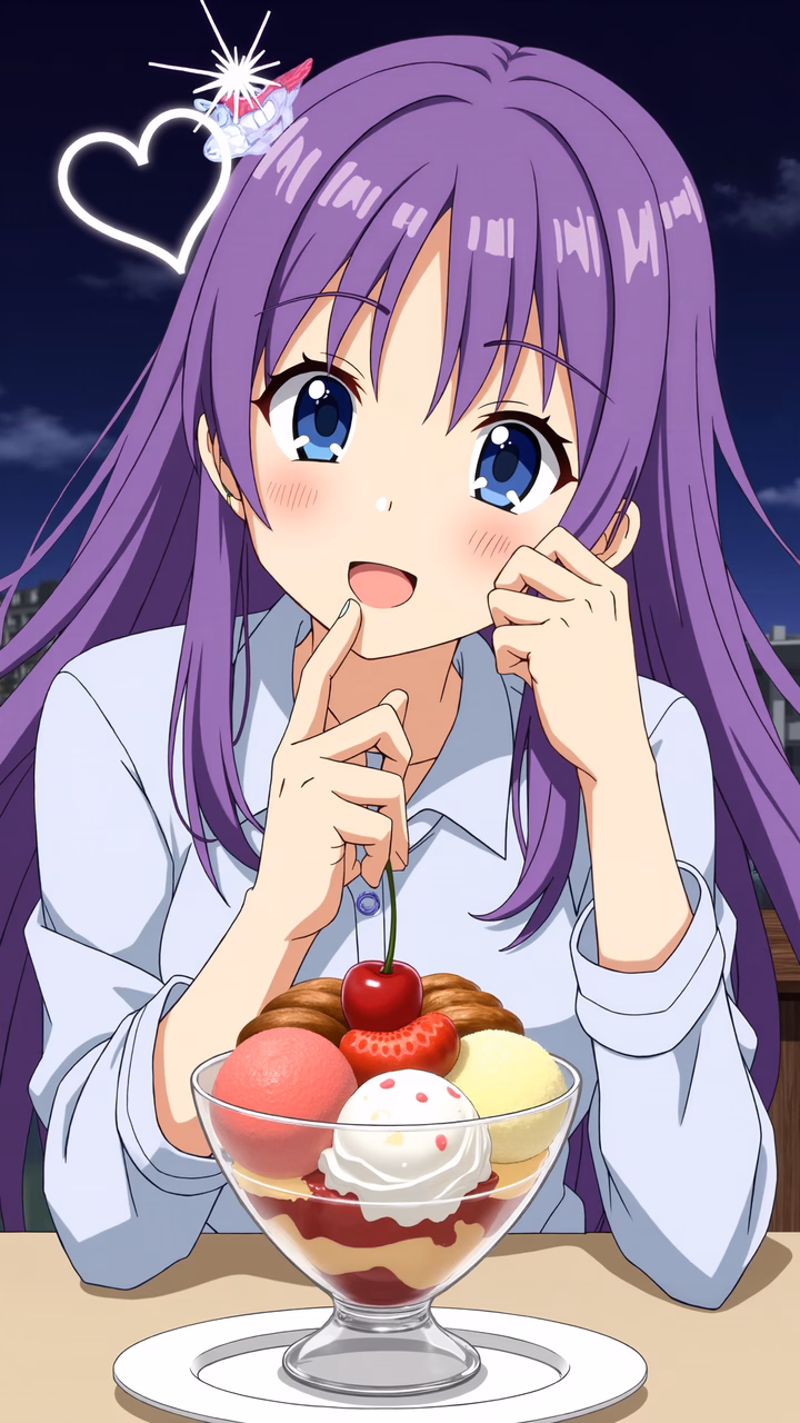 An anime girl enjoying a delicious parfait in a cozy evening setting.