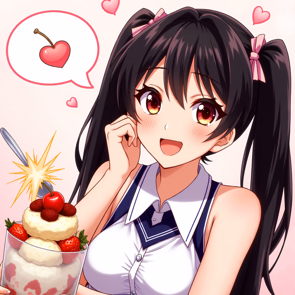 A charming anime girl enjoying a sweet dessert in a delightful setting.