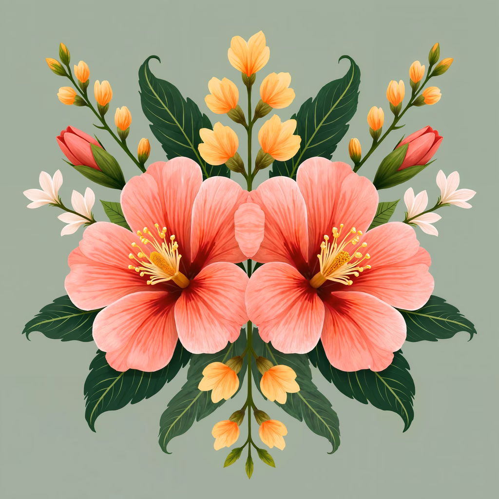 Symmetrical floral arrangement with pink hibiscus and yellow blossoms on a soft pastel background.