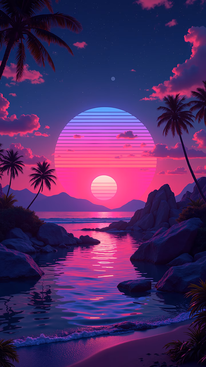 Vibrant synthwave sunset with palm trees and tranquil ocean