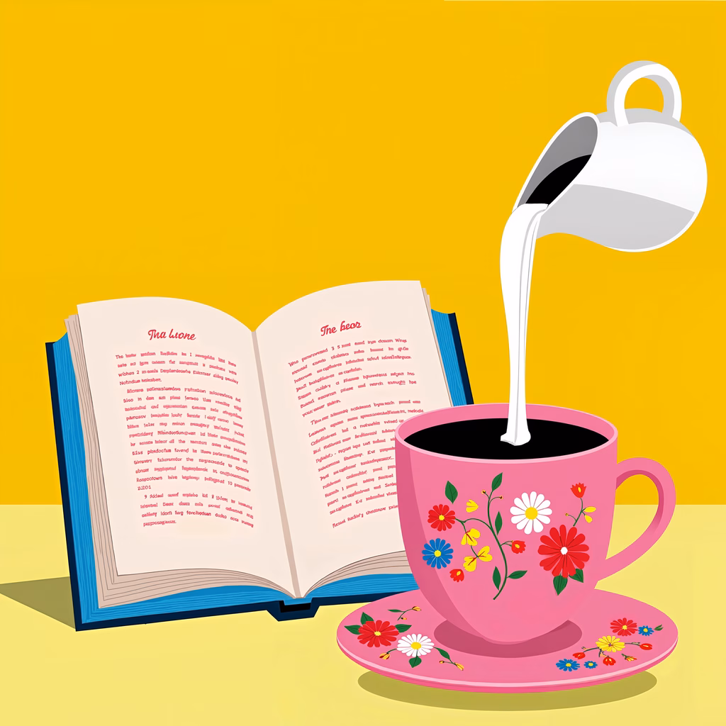 A serene illustration of pouring tea into a floral teacup, surrounded by a book, perfect for relaxation and enjoyment.