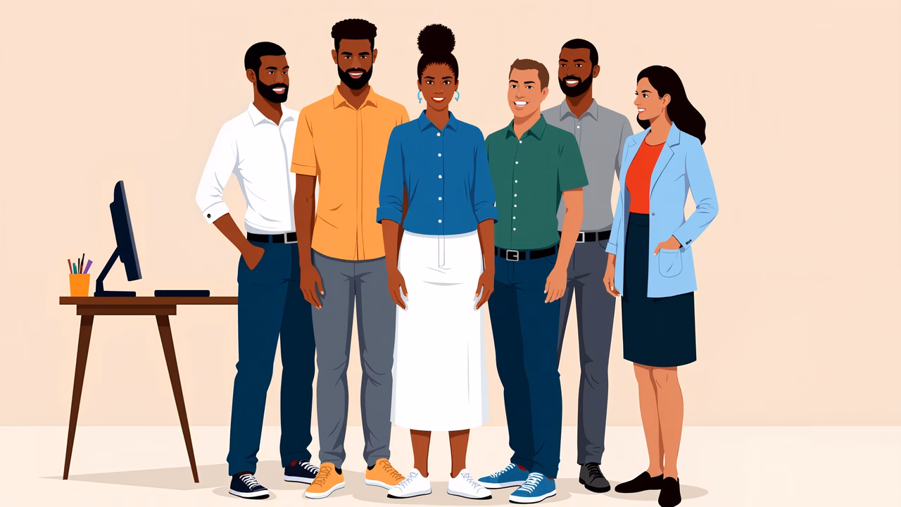 A colorful illustration of a diverse team in a professional office environment.