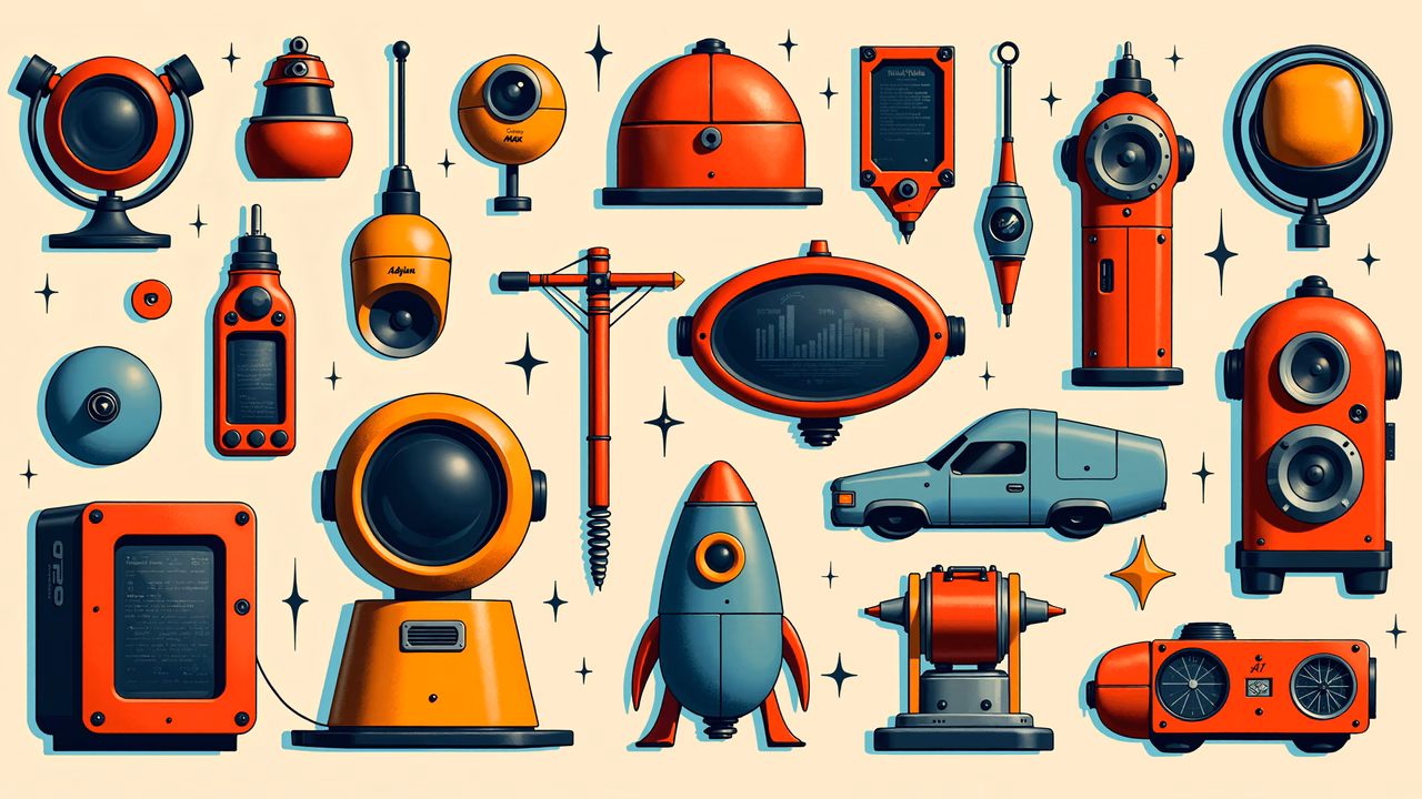 Vibrant illustration of futuristic technological devices with bold colors and detailed designs.