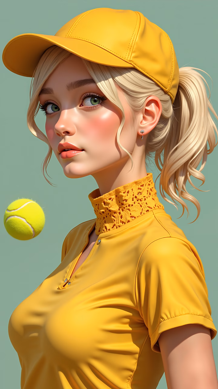 Dynamic tennis girl in yellow attire on a green background.