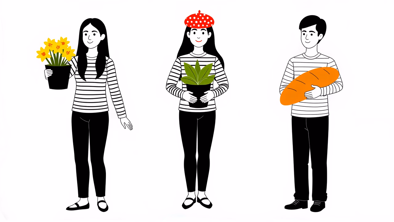 Three illustrated characters holding flowers, plants, and bread.