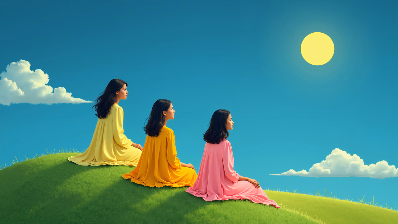 Three women in colorful dresses sitting on a green hill under a bright sun, evoking peace and tranquility.