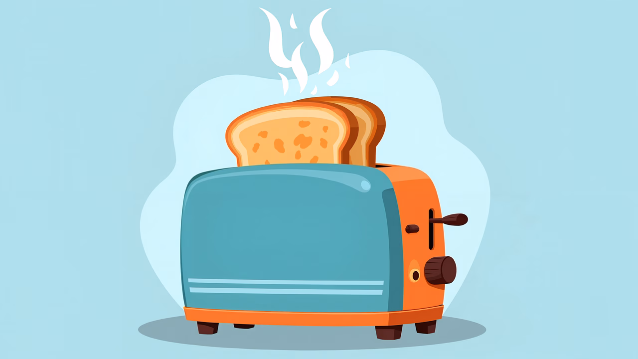 A cartoon toaster with steaming toast slices on a light blue background.