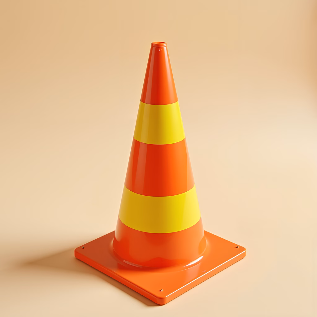 Brightly colored traffic cone illustration on a neutral background.