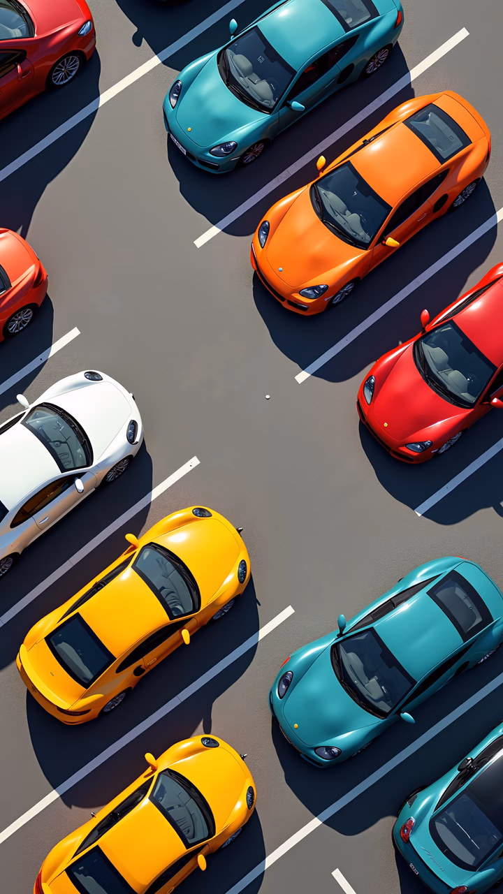 Aerial view of a colorful traffic jam in an urban setting.