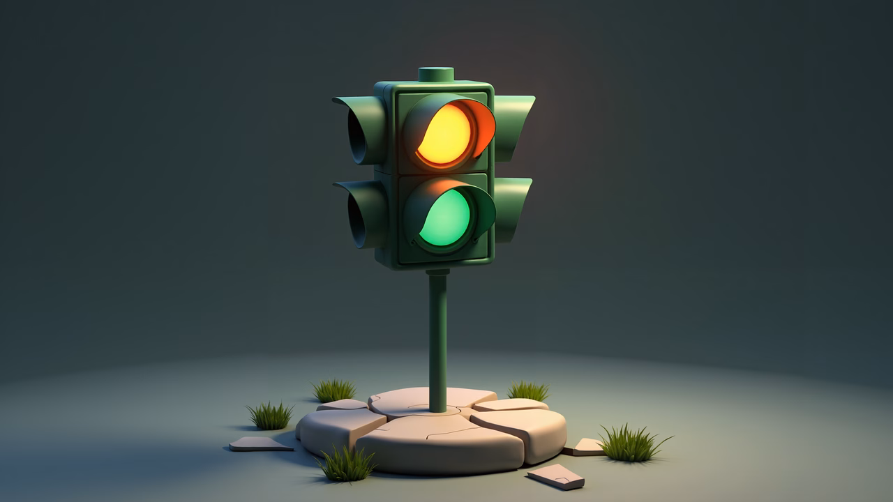 Minimalist traffic light illustration with soft lighting and serene atmosphere.